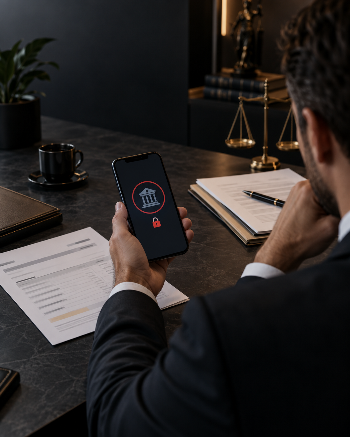 Pessoa consultando aviso de restrição de conta no celular e documentos